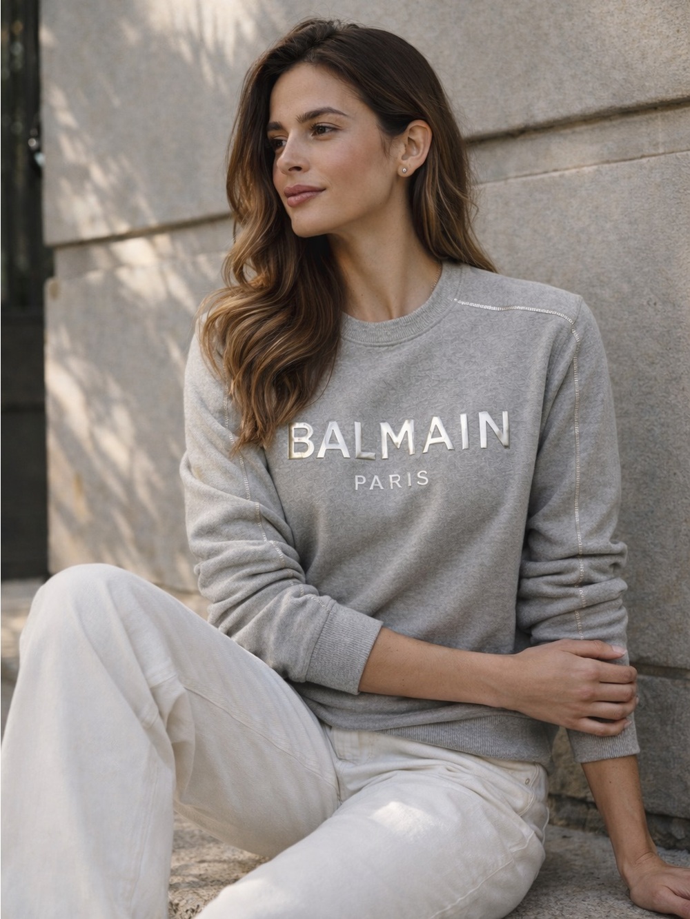 Balmain Paris Gray Embrossed Silver Crew Neck Sweatshirt S/M unisex - Picture 2 of 10